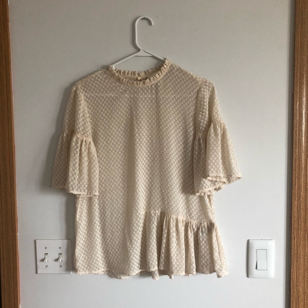 H&M Cream Asymmetrical Ruffle Puff Sleeve Blouse